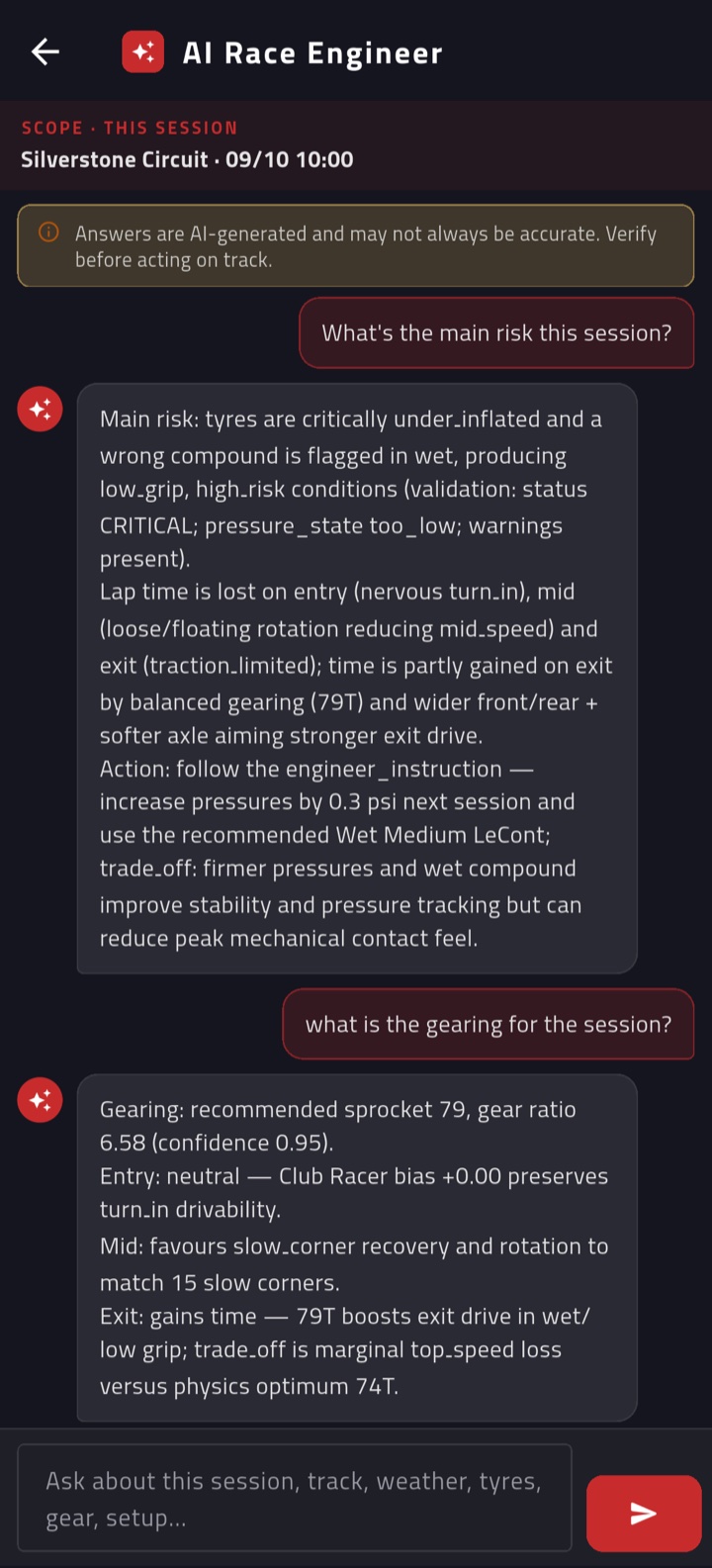 AVB RaceLabs AI Race Engineer chat for a Silverstone session, answering what the main risk is and what gearing to run