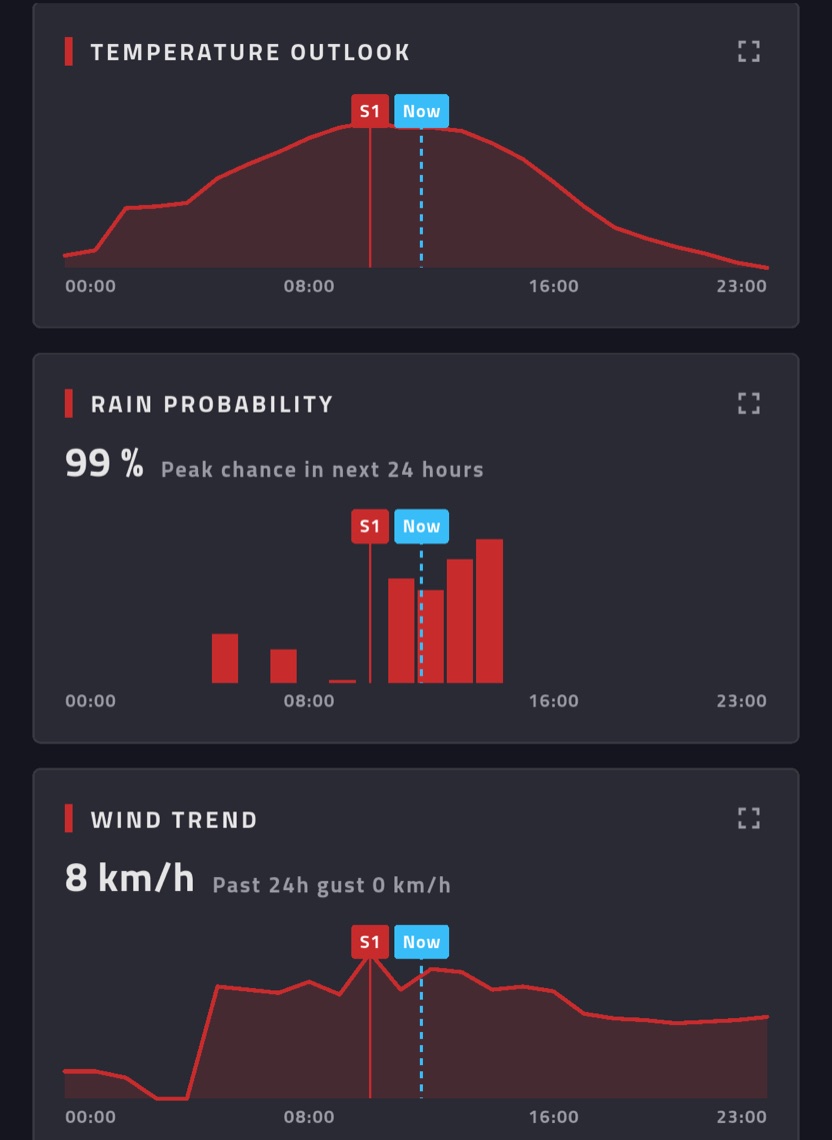 AVB RaceLabs weather forecast for the Silverstone session: temperature outlook, rain probability peaking at 99% and wind trend across the day