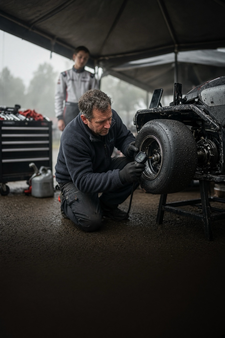 Parent kneeling under the awning on a wet race morning, checking kart tyre pressures with a digital gauge while the driver waits