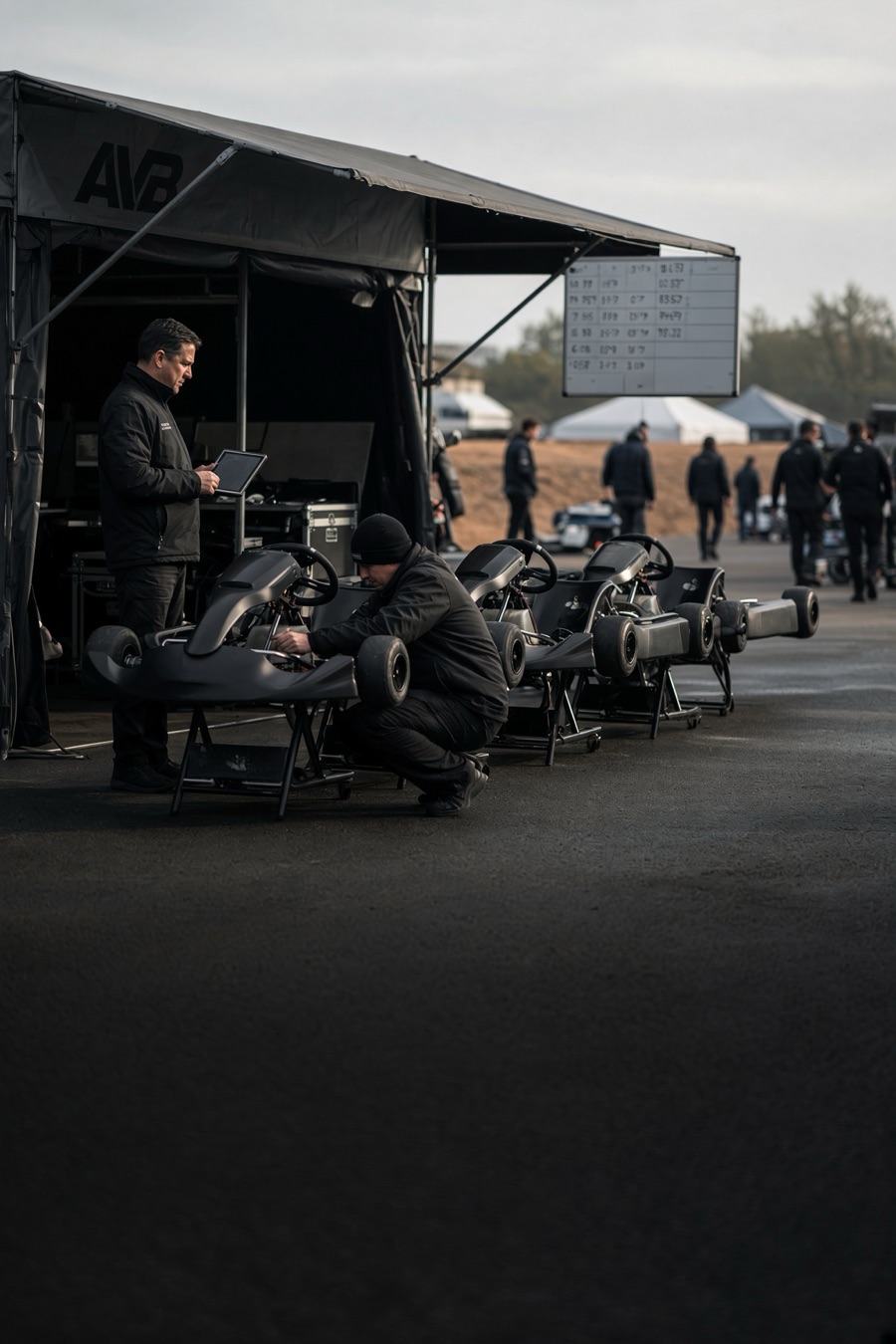 Kart team manager with a tablet at the team awning while a mechanic works on a row of karts on stands
