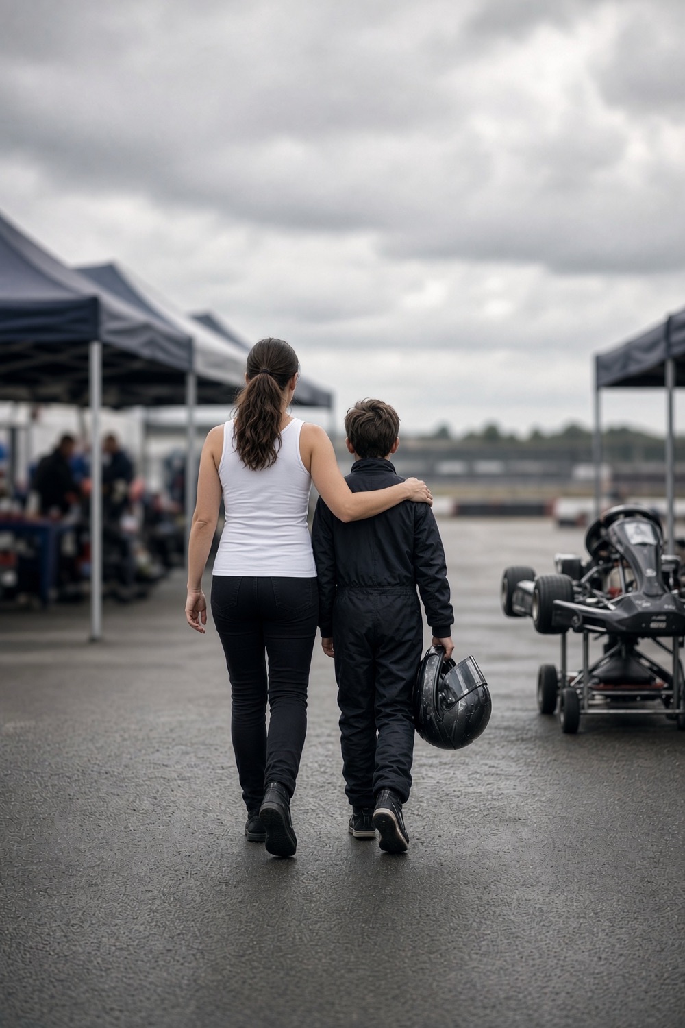 A parent with her arm around her young driver, walking through the karting paddock towards the track